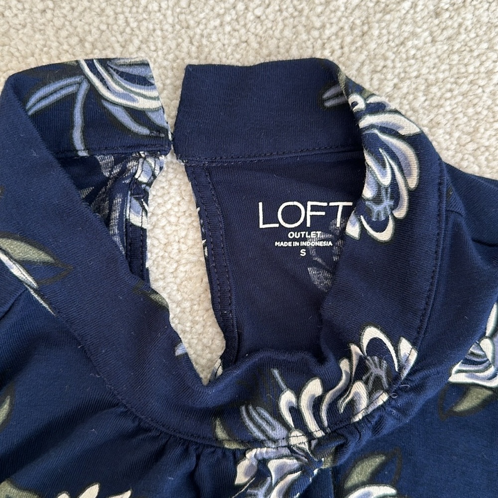 LOFT Navy Floral-Print Mockneck Blouse - Picture 4 of 5